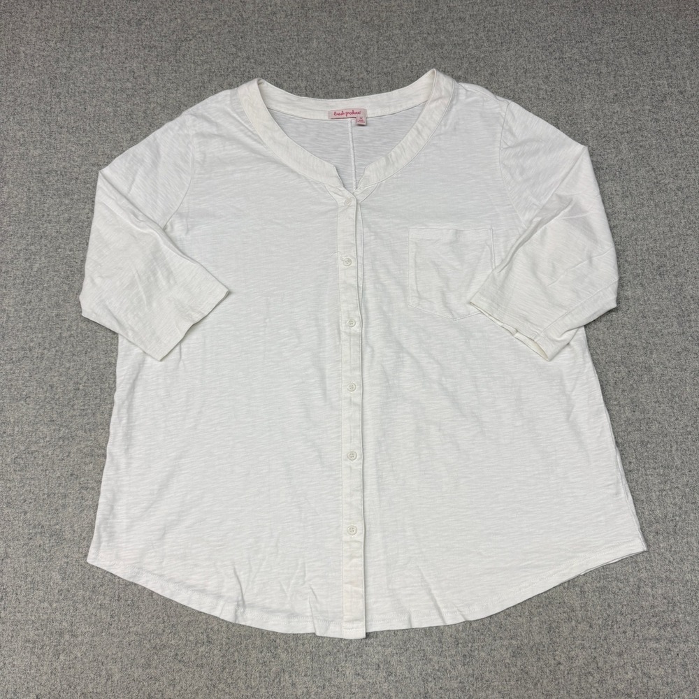 Fresh Produce | Button Up Shirt | 1X | White | Cotton Slub 3/4 Sleeve Pocket Top